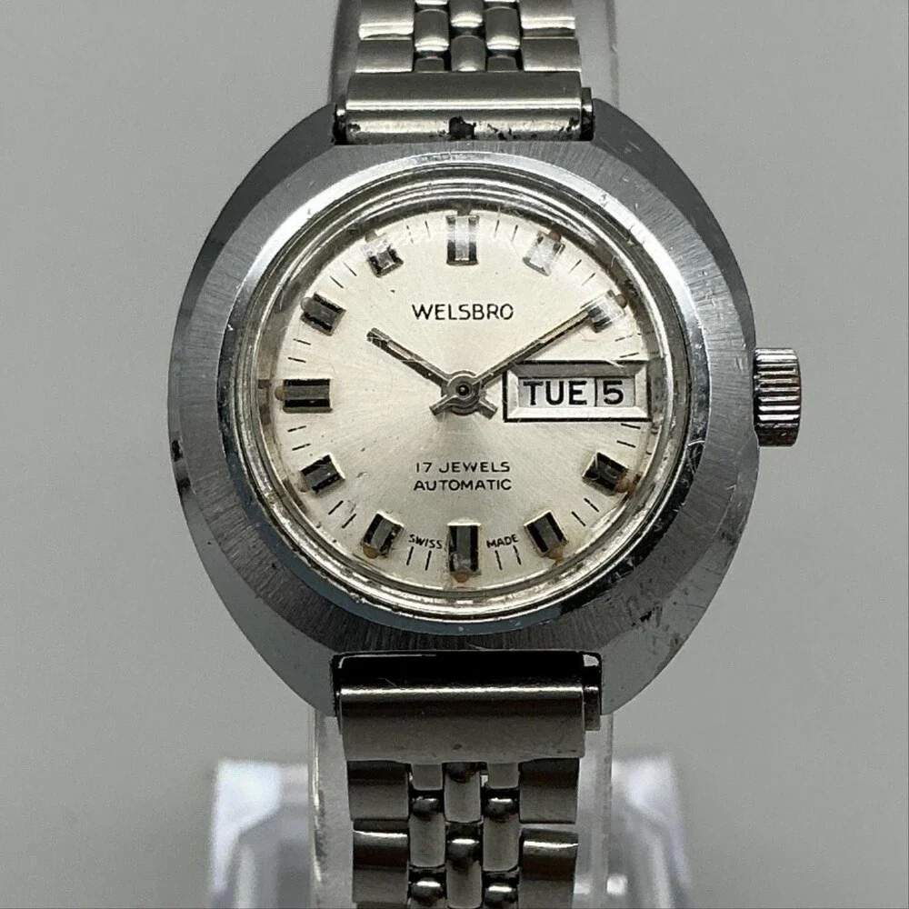 Vintage Welsbro Womens Watch 26mm Silver Tone Swiss Stainless Day Date Automatic